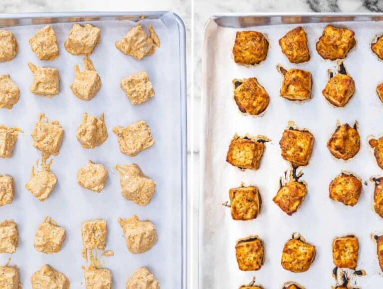 Marinated tofu before and after baking