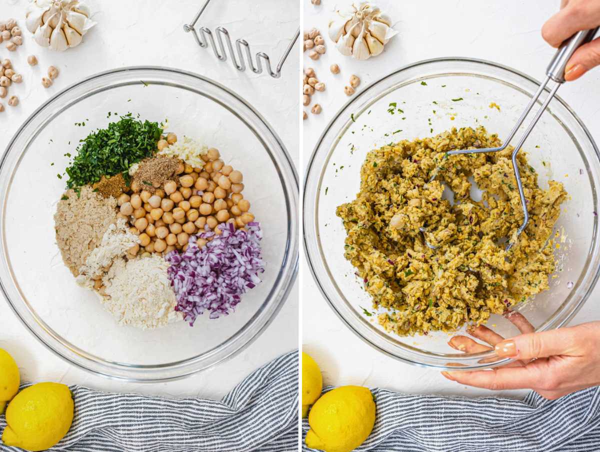 Mashing the chickpeas with onions and spices in a bowl