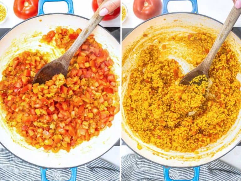 Mung beans and tomatoes in the skillet.
