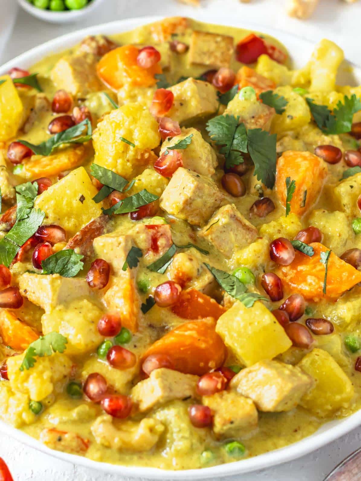 Navratan korma with fresh parsley and pomegranate seeds.