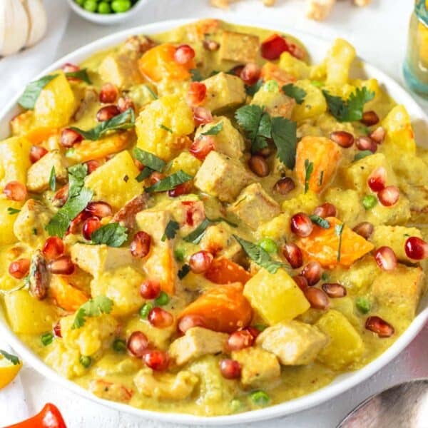 Navratan korma with tofu cubes on a white plate.