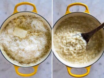 Parmesan risotto before and after adding cheese and butter.