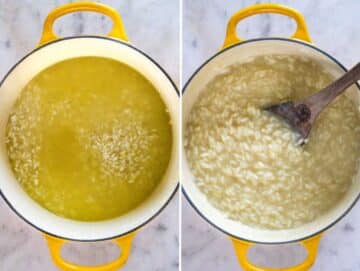 Risotto rice before and after cooking in broth.