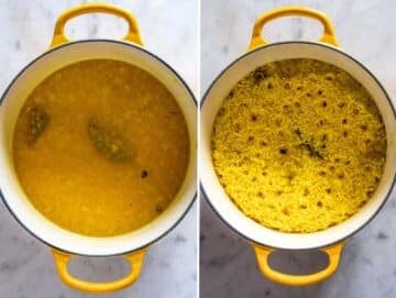 Saffron rice before and after cooking for 11 minutes.