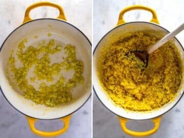 Sautéed onion and toasted rice in a pot.