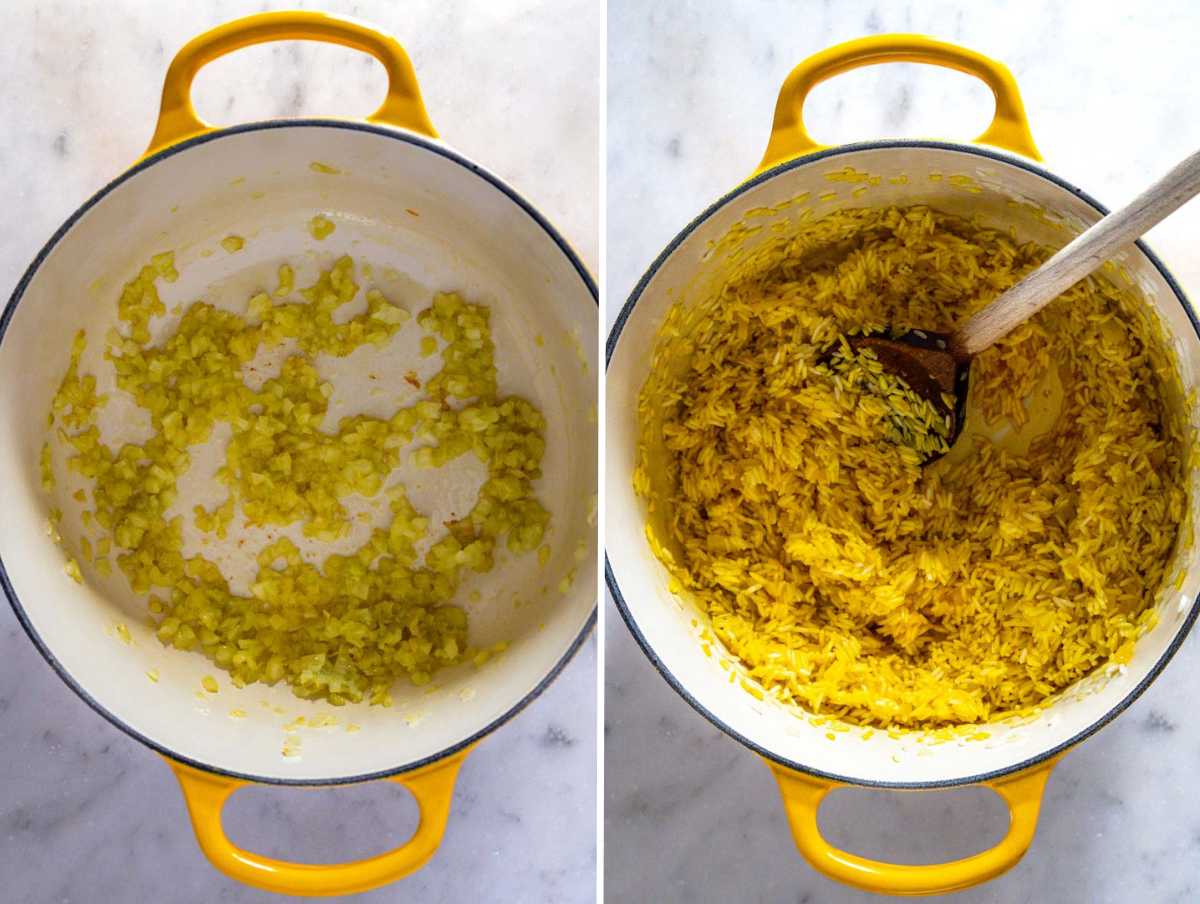 Sautéed onion and toasted rice in a pot.