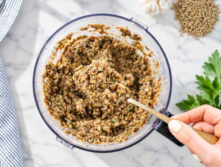 Step 1 Lentil patty mixture pulsed until combined while retaining visible lentil and herb texture.