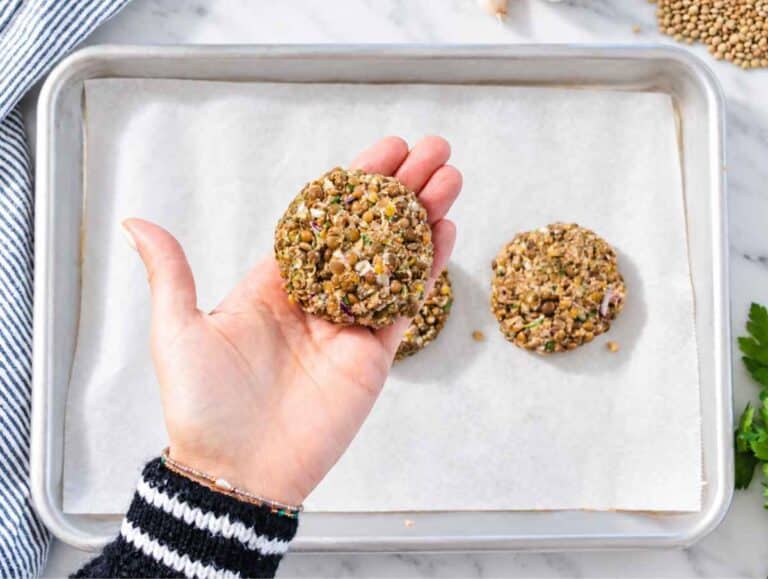 Step 2 Lentil mixture shaped into even round patties ready for cooking.
