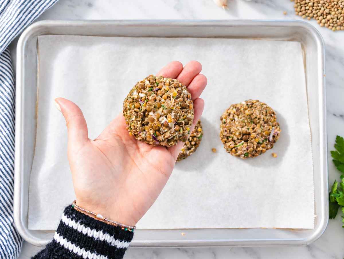 Step 2 Lentil mixture shaped into even round patties ready for cooking.