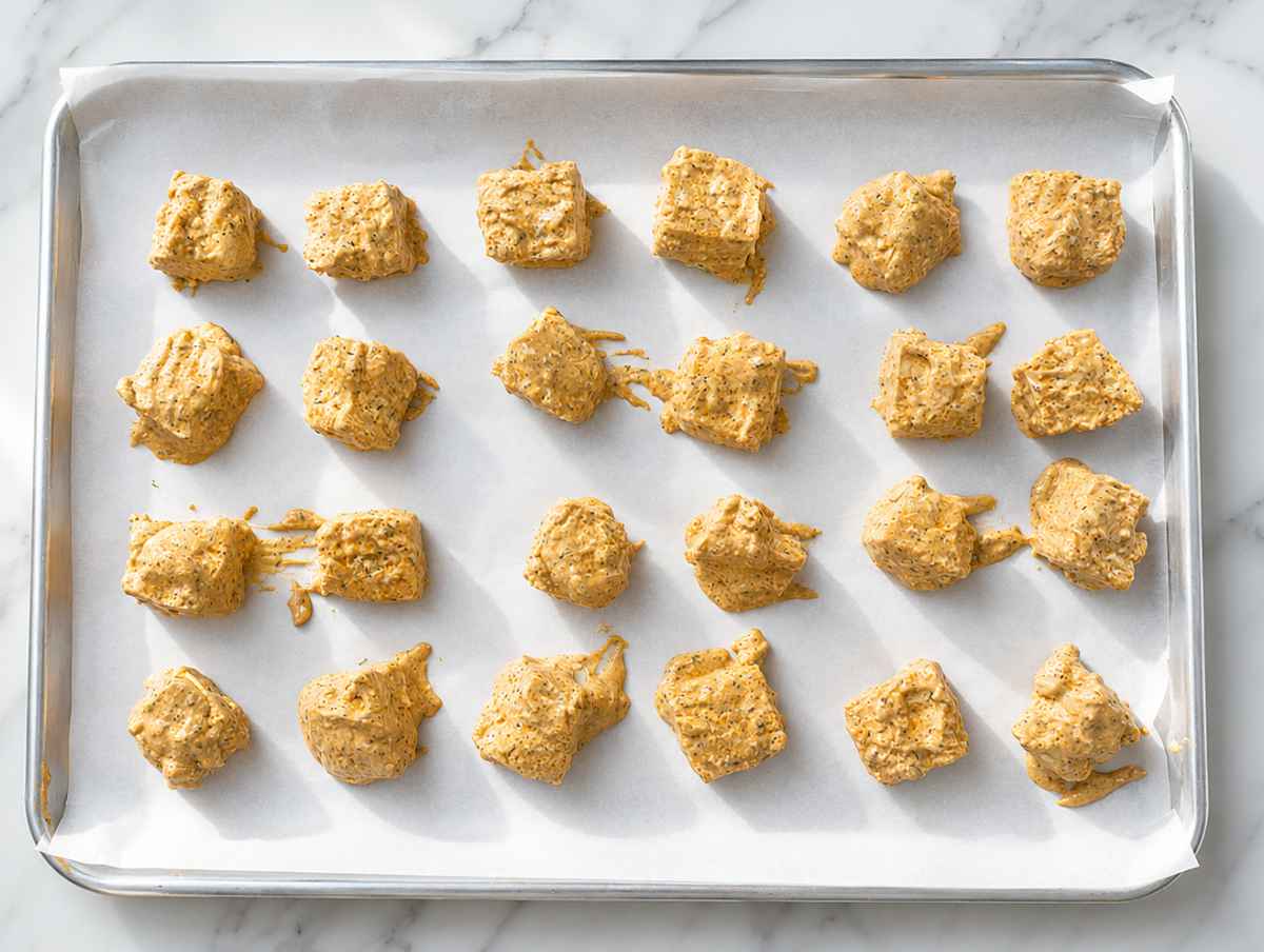 Step 3 Hand-torn marinated tofu coated evenly before arranging on baking sheet.
