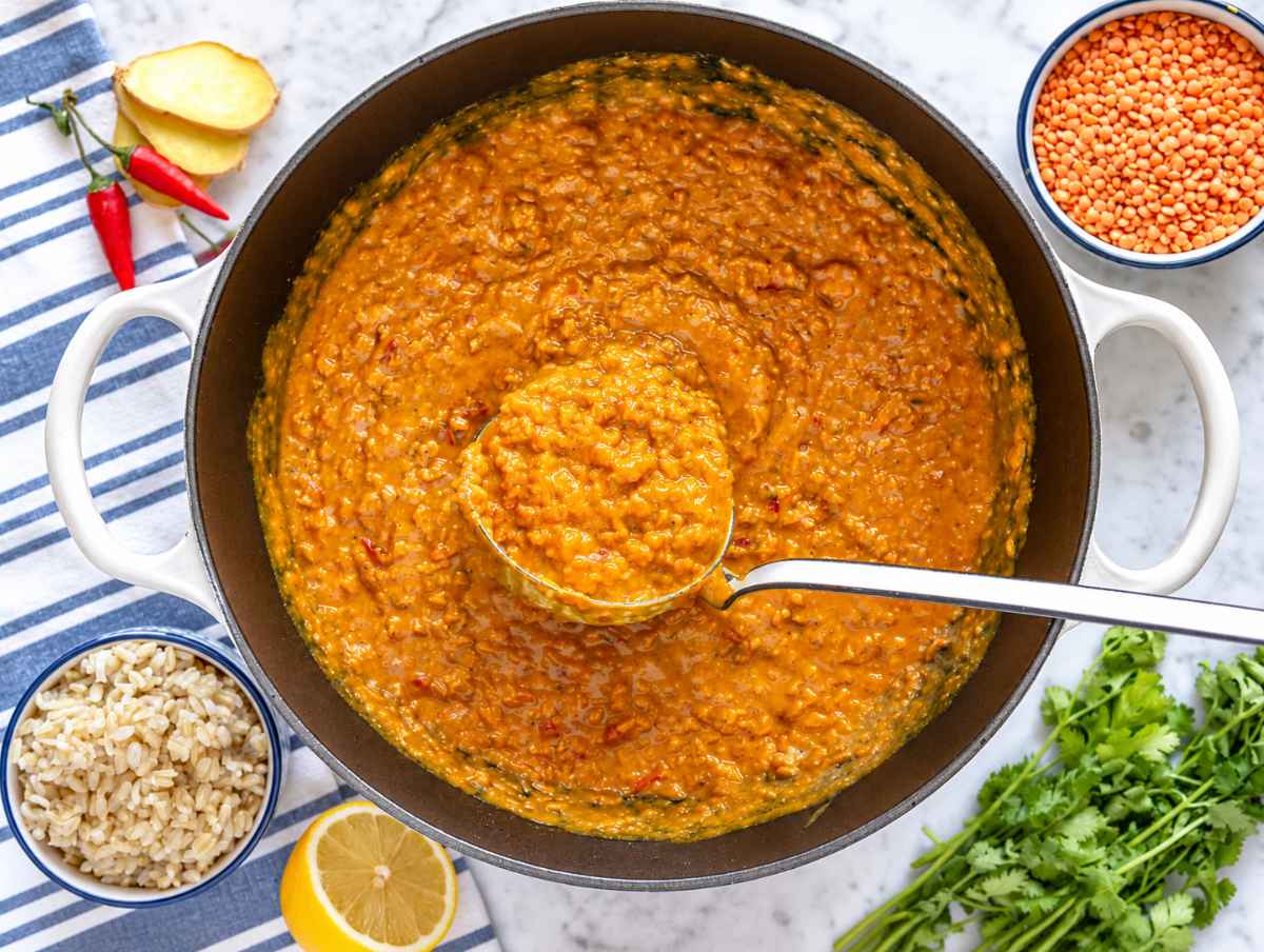 Step 3 Thick creamy lentil curry gently simmering as the red lentils soften and break down.