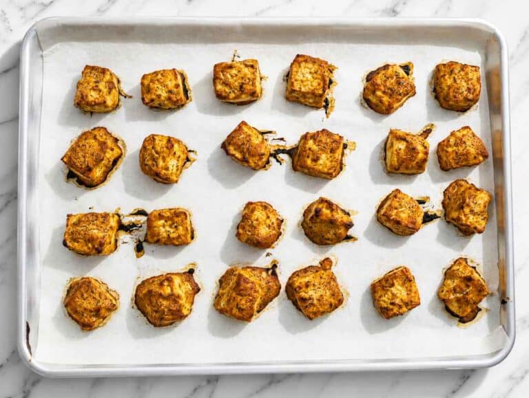 Step 4 Golden baked marinated tofu fresh from the oven with crisp browned edges.