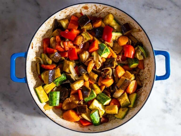 Zucchini, eggplants, and bell peppers sautéed in the flavor base.