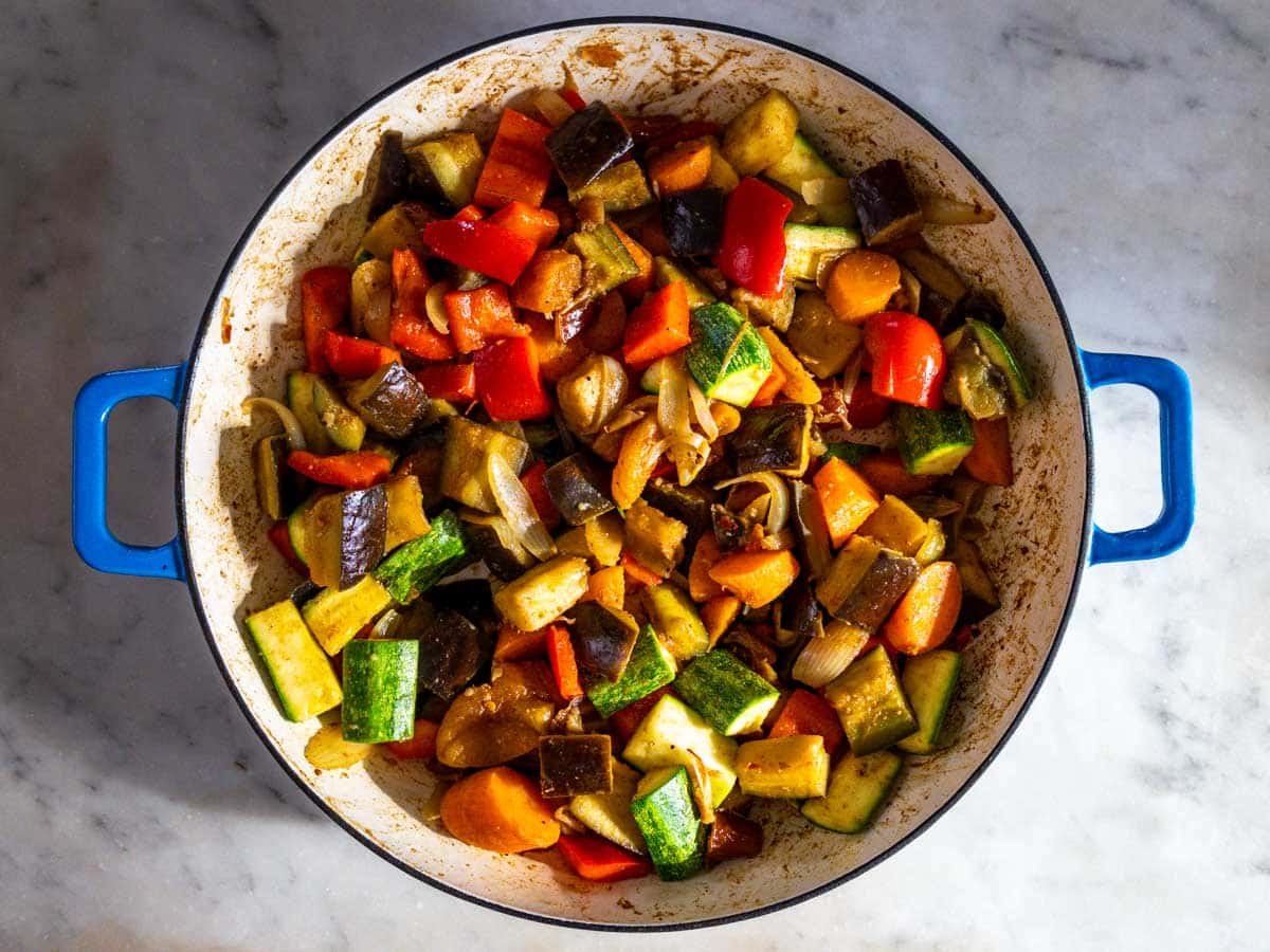Zucchini, eggplants, and bell peppers sautéed in the flavor base.