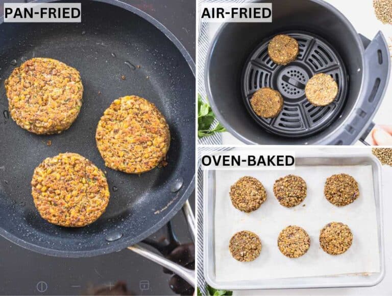 Three methods of cooking lentil patties.