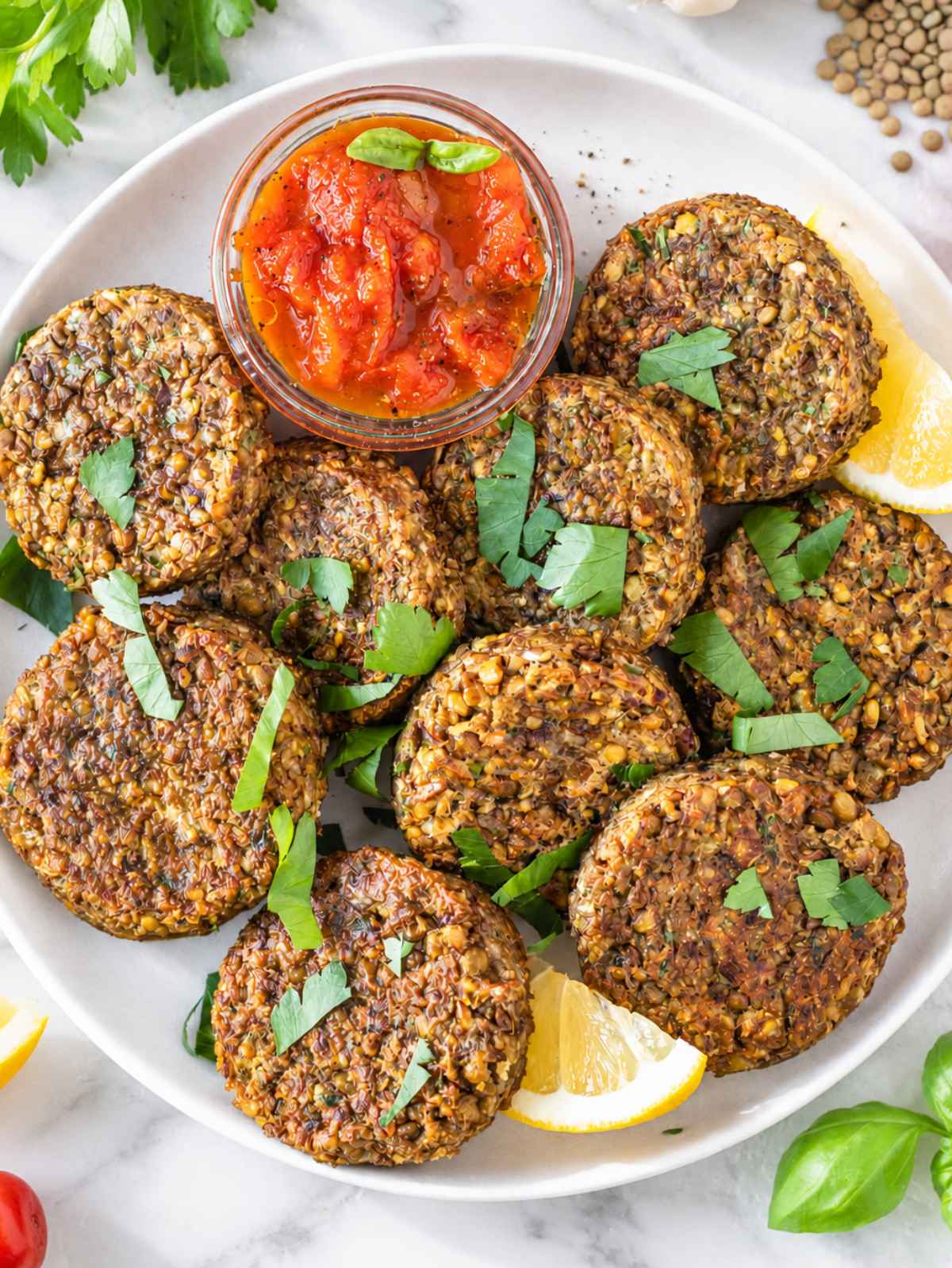 Top down picture of lentil patties showing their crisp crust.