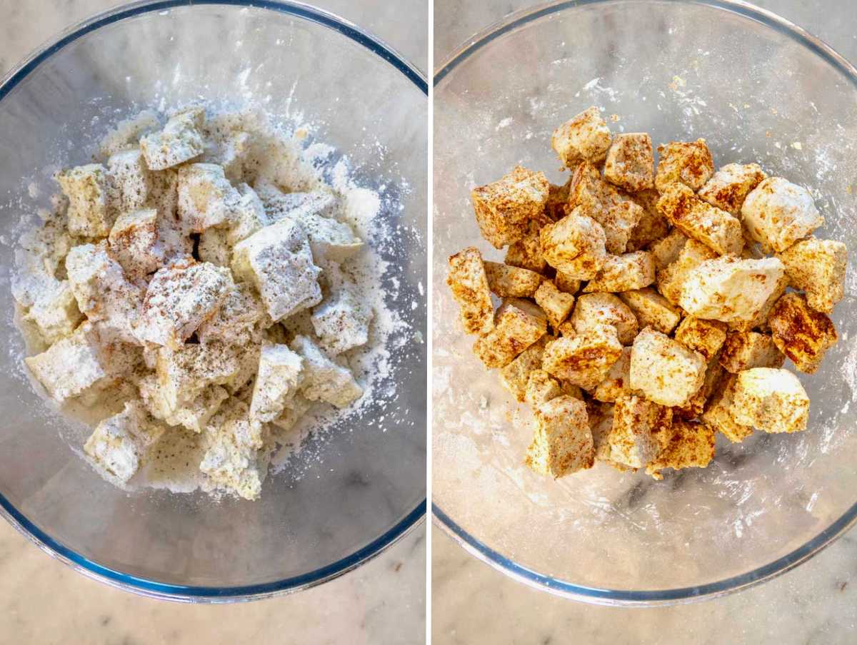 Tossing the tofu in the spice mix.