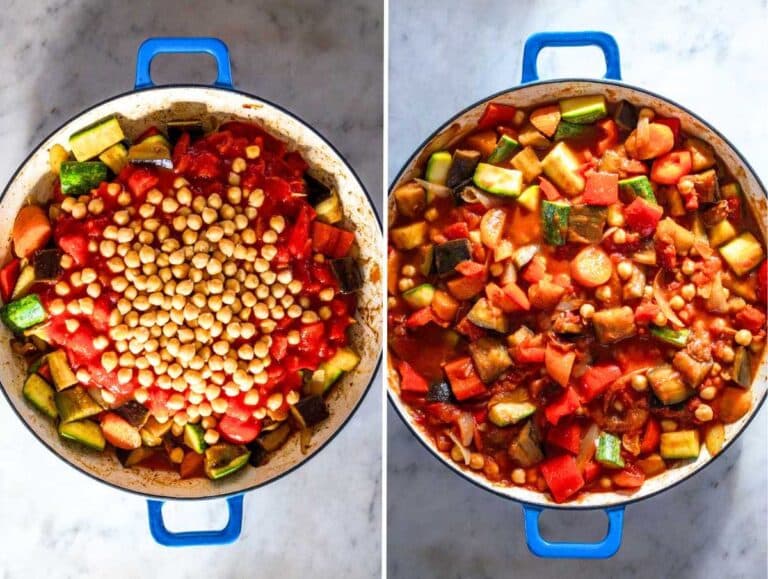 Vegetable tagine cooking in a skillet.