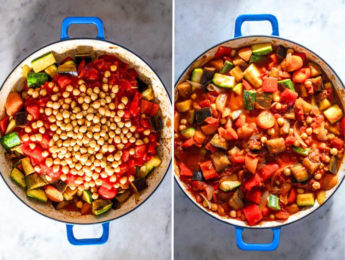 Vegetable tagine cooking in a skillet.