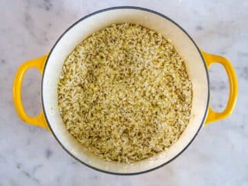 Risotto rice toasted in onion and olive oil.