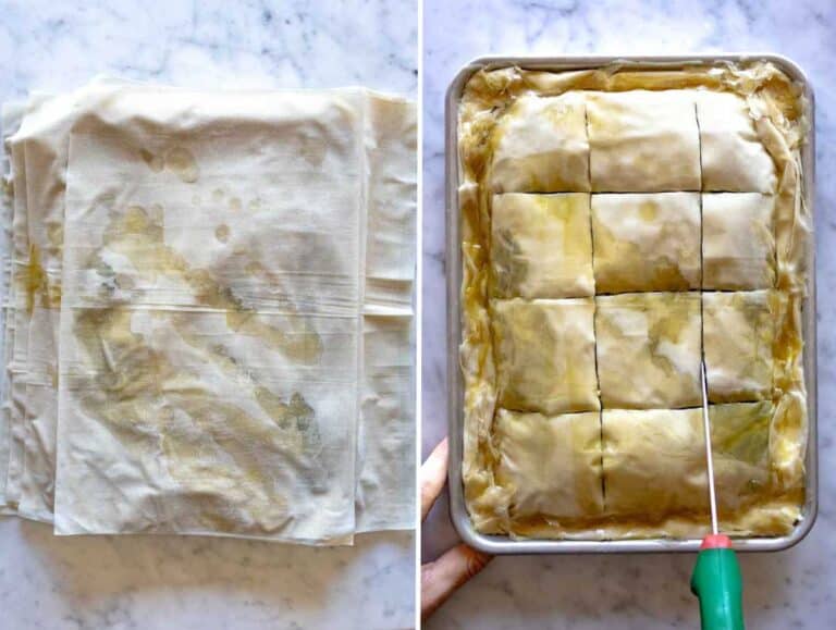 Adding top layer of phyllo and cutting spanakopita into squares.