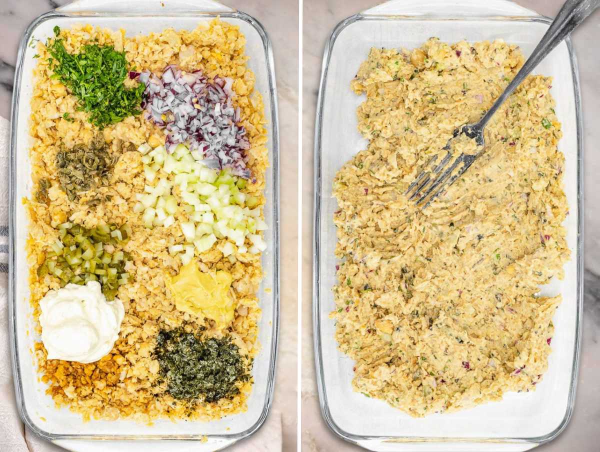 All ingredients added to the mashed chickpeas to make vegan tuna.
