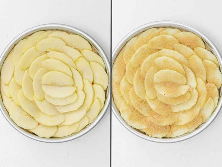 Apple slices arrange on top of the cake and sprinkled with sugar.