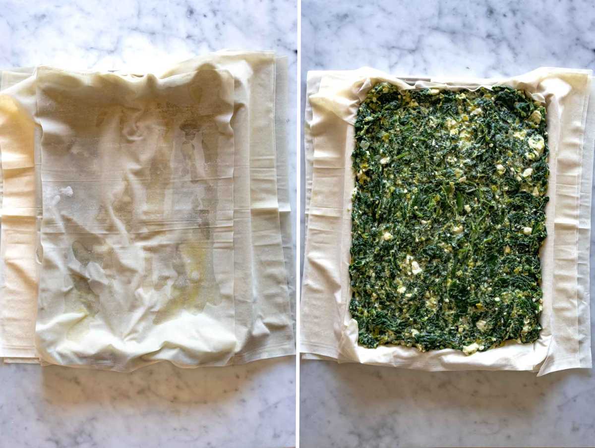 Assembling Greek spinach pie with phyllo dough.