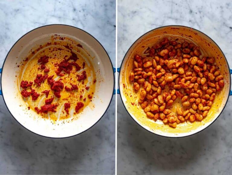 Butter beans sautéed in a flavor base with olive oil, garlic, and tomato paste.