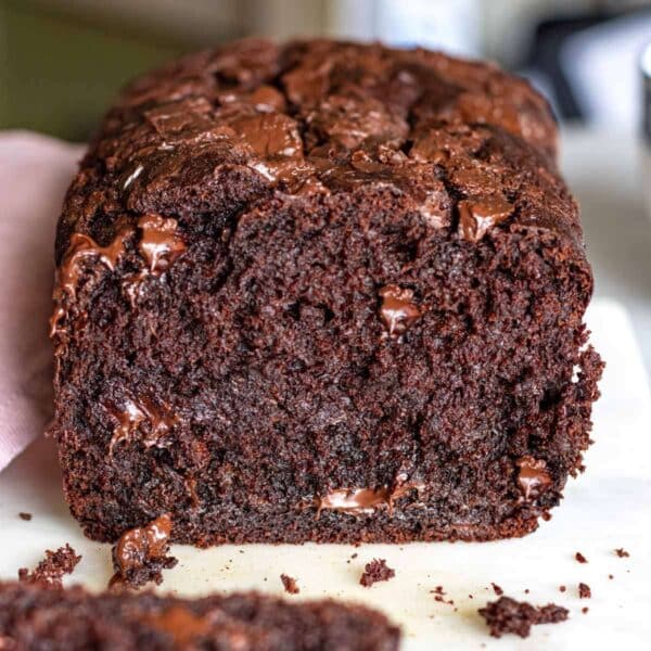 Chocolate Banana Bread on marble cutting board.