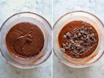 Chocolate banana bread batter in a bowl with chocolate chunks.