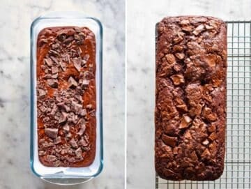 Chocolate banana bread before and after baking for 60 minutes.