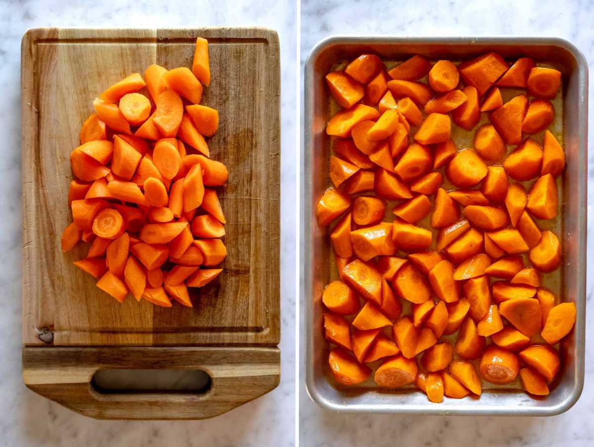 Chopped carrots on cutting board and on baking tray after pre-baking.