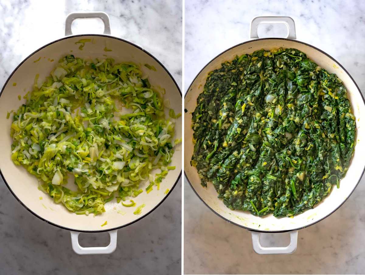 Cooking leek and spinach in a skillet until soft.