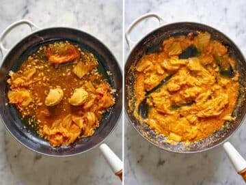 Garlic, miso, kimchi sauce in a skillet.