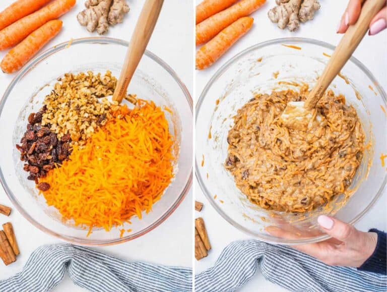 Grated carrots, walnuts, and raisins added to the batter.