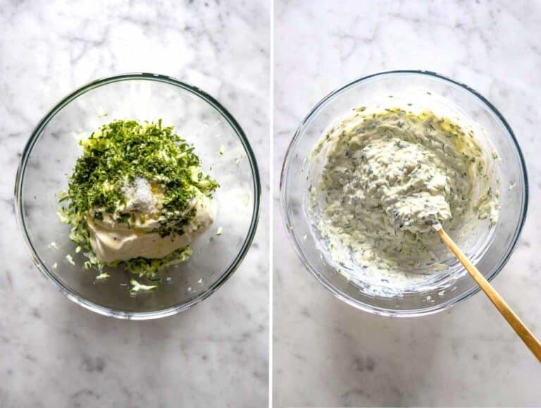 Grated cucumber, olive oil, Greek yogurt, garlic, salt, and lemon juice in a bowl.