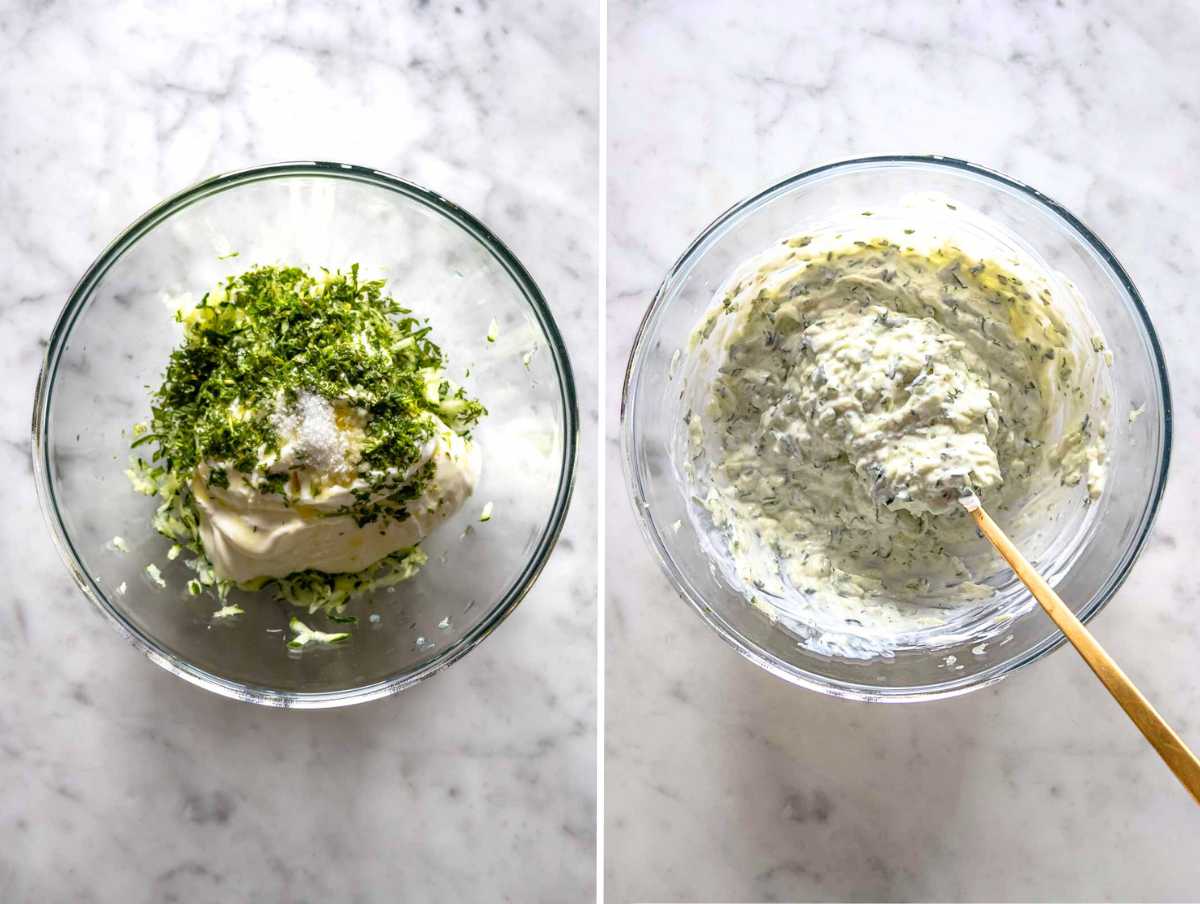 Grated cucumber, olive oil, Greek yogurt, garlic, salt, and lemon juice in a bowl.