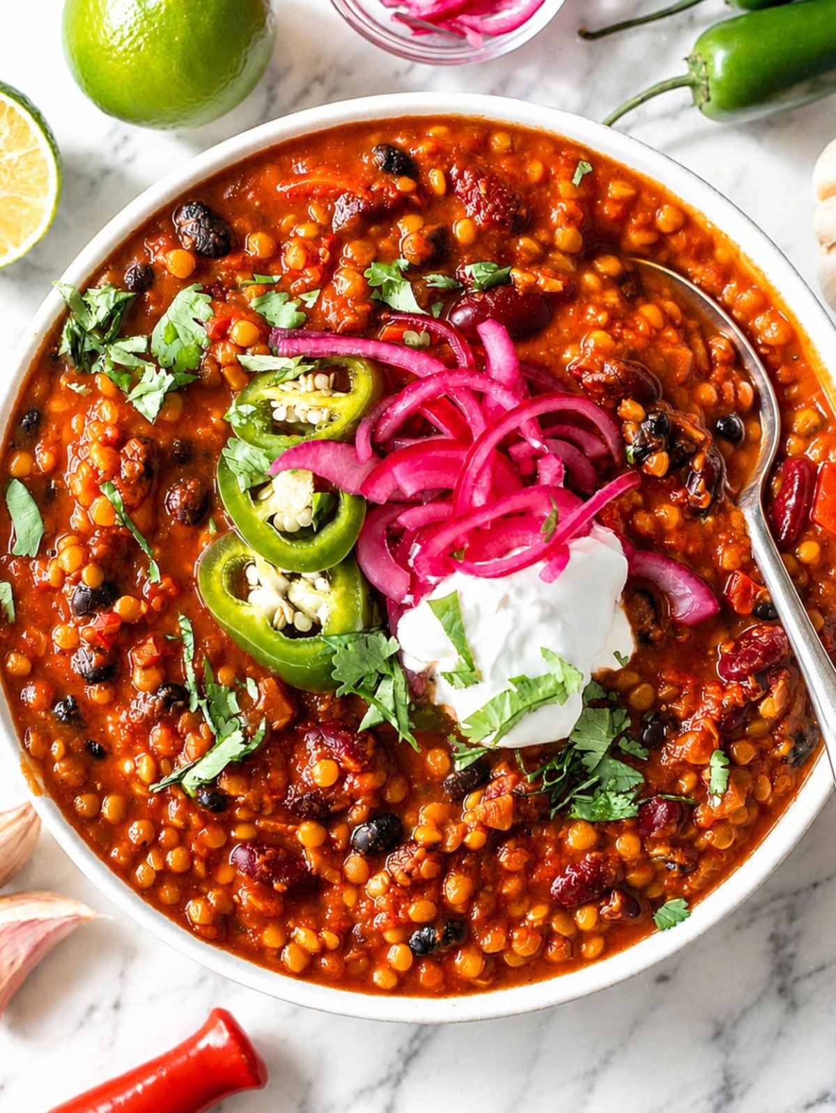 Hearty lentil chili with beans, vegetables, cilantro, and Greek yogurt.