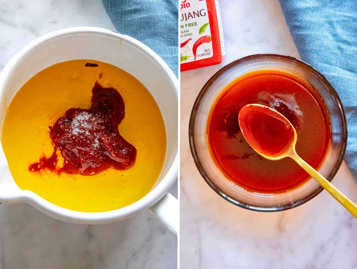 Hot honey sauce in a saucepan and in a bowl.
