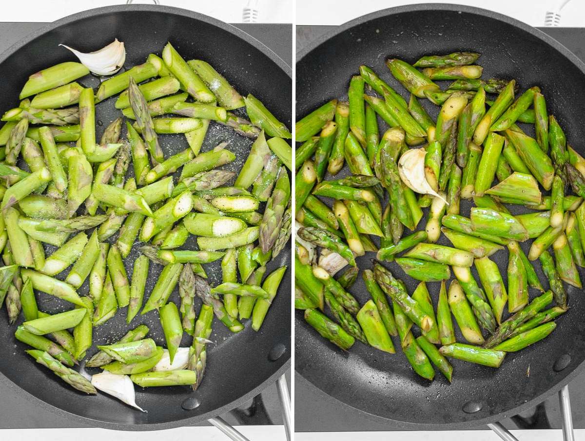 Image showing sauteed asparagus before and after cooking.