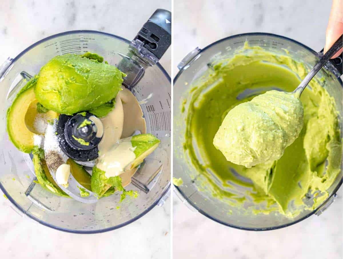 Ingredients for avocado spread in a blender before and after blending.