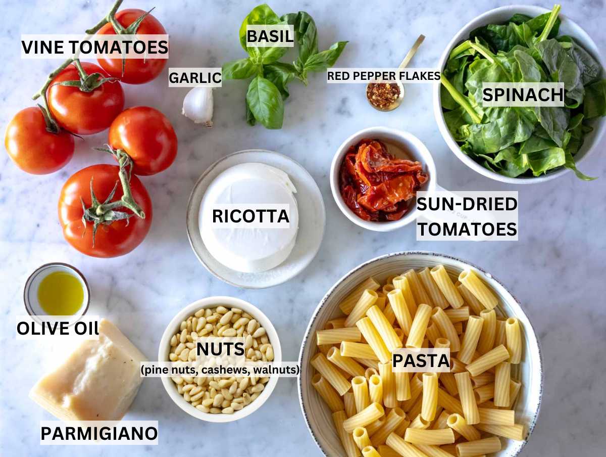 Ingredients for sun-dried tomato pasta.