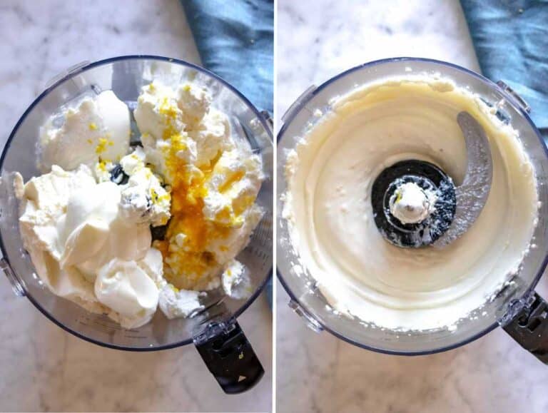 Ingredients for whipped ricotta before and after blending.