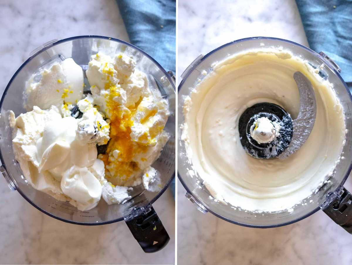Ingredients for whipped ricotta before and after blending.