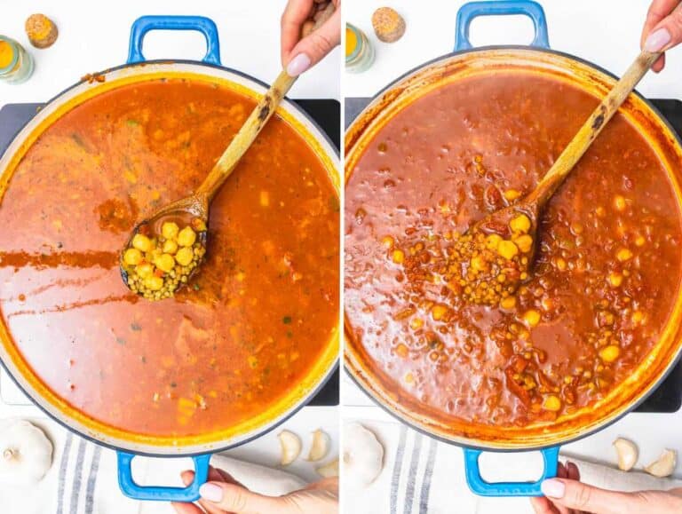 Lentils and chickpeas before and after simmering in broth.