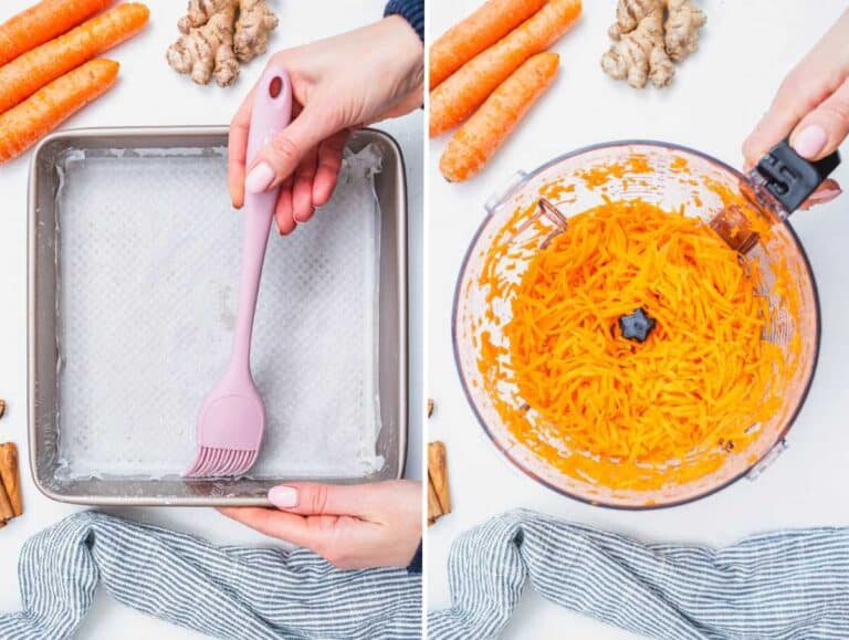 Lining a baking pan with parchment paper and grating the carrots.