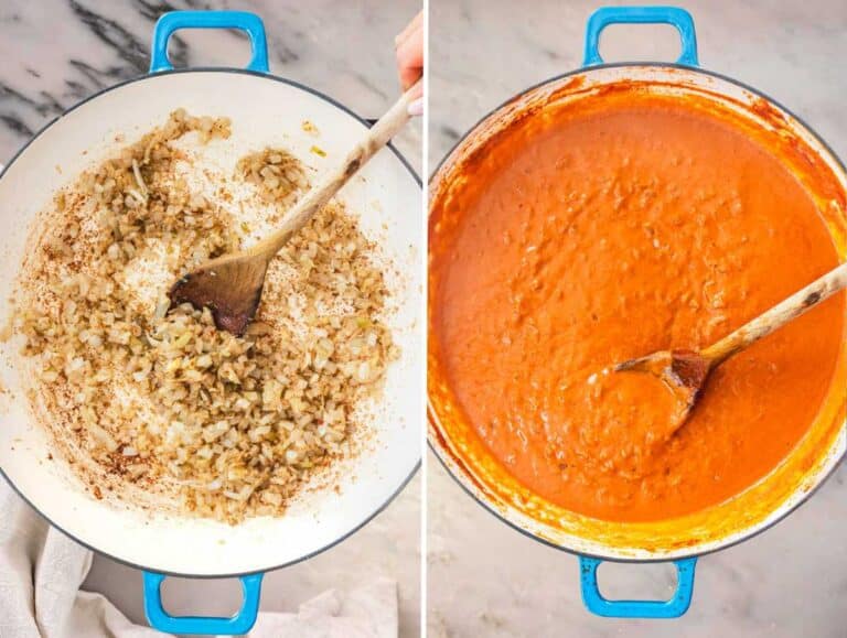 Making of the masala sauce with sautéed spices, tomato puree, and heavy cream.