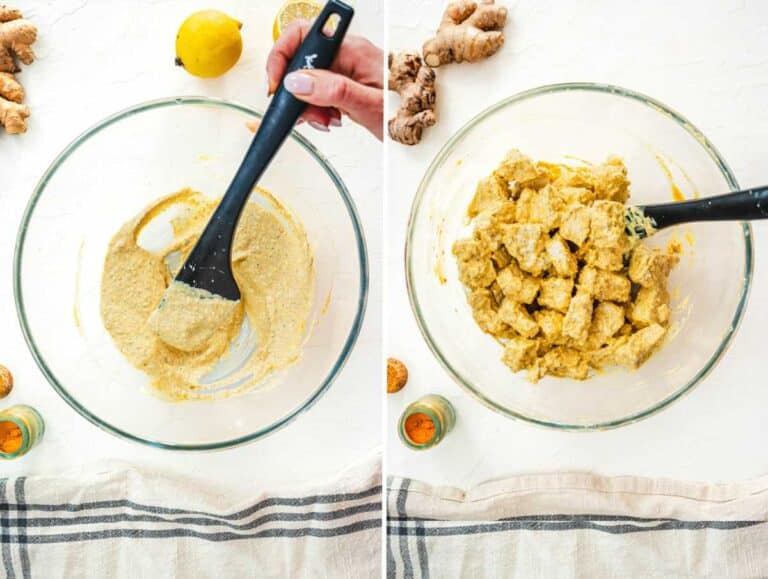 Mixing tofu in the sauce with yogurt and spices.