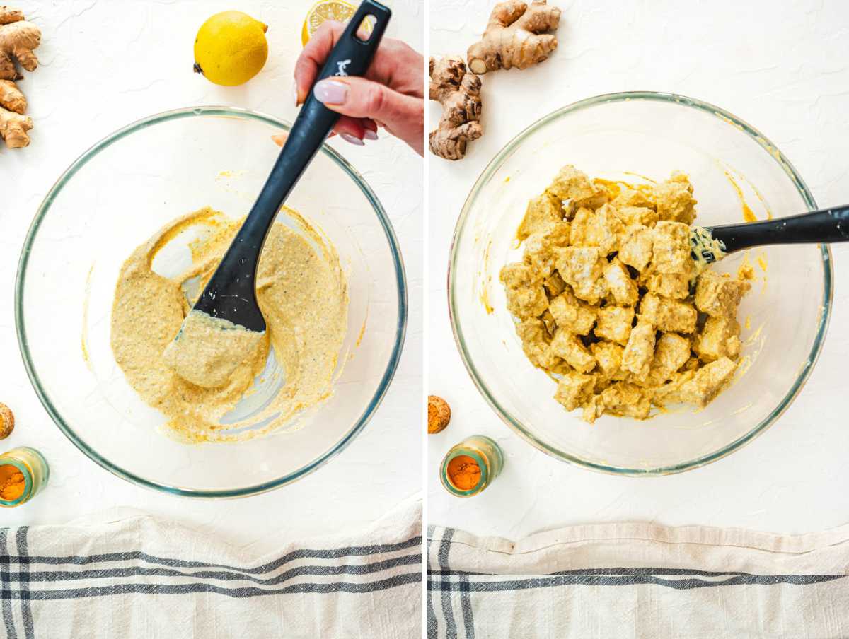 Mixing tofu in the sauce with yogurt and spices.